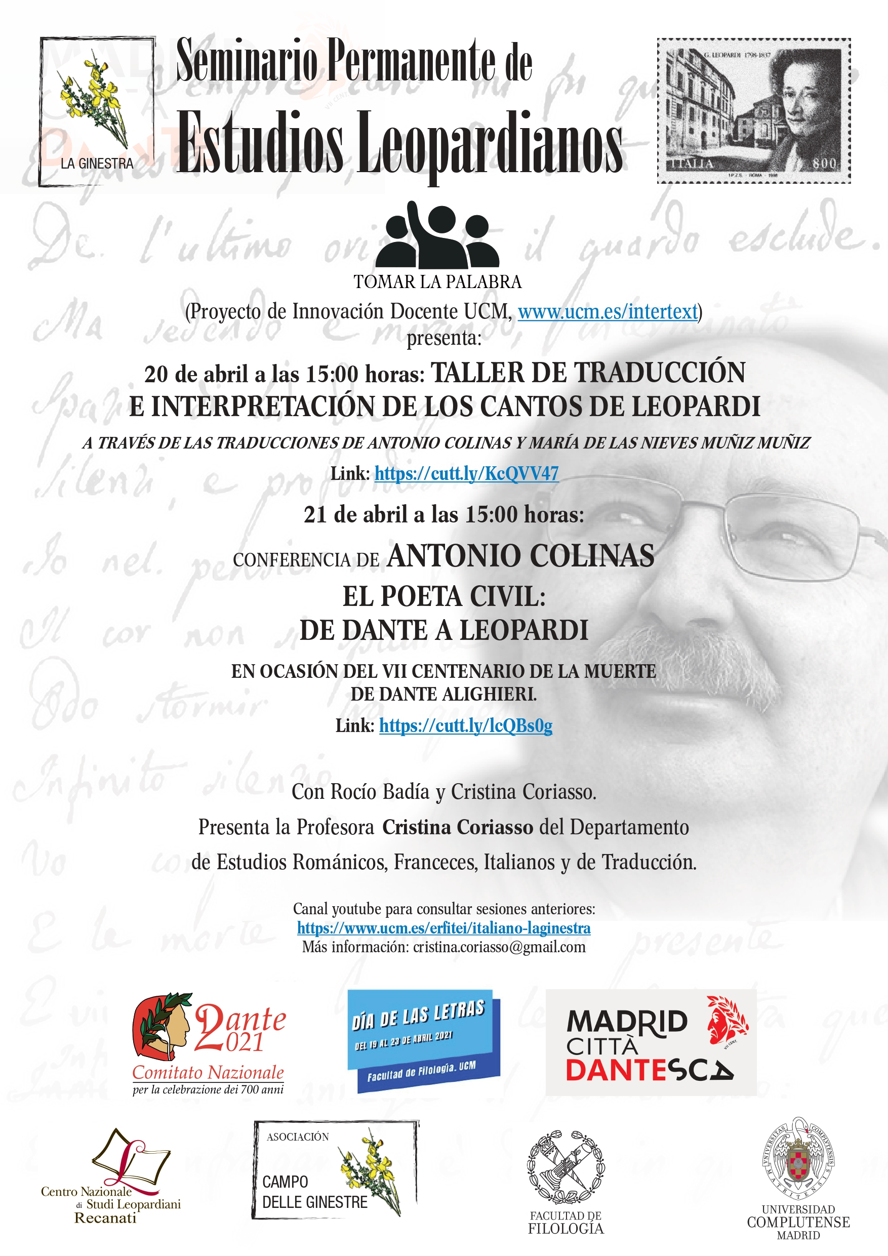2o y 21 de abril, taller de traducción de Leopardi y conferencia del poeta Antonio Colinas sobre "El poeta civil: de Dante a Leopardi"